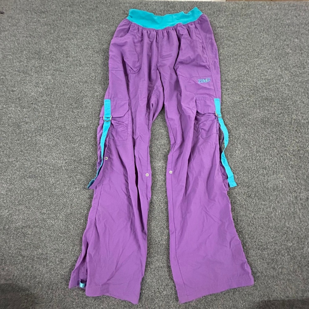 Zumba Cargo Pants Womens Size Large Purple Teal Dance Athletic Strappy Pockets